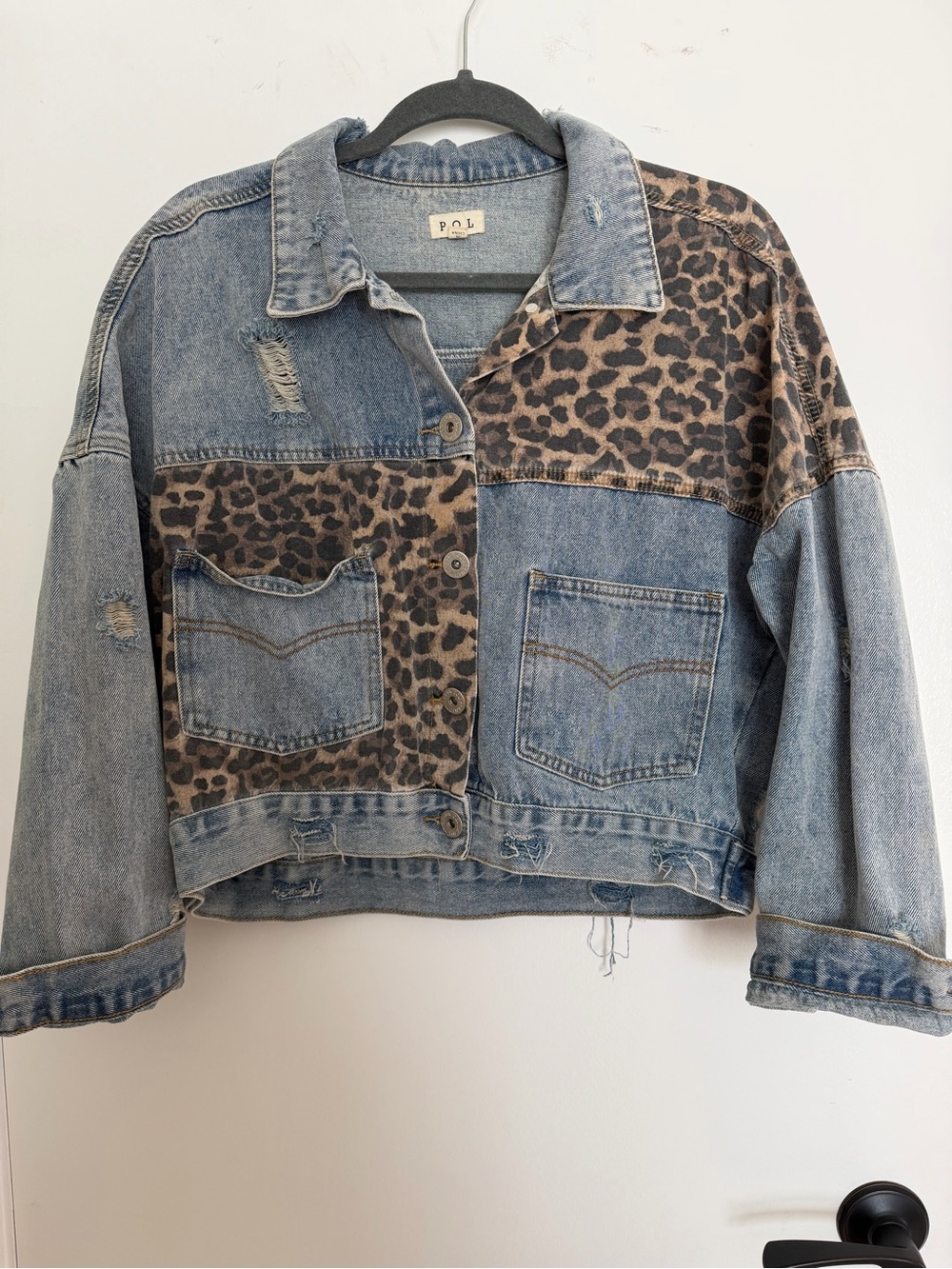 POL Denim Leopard-Panel Cropped Jacket - Blue